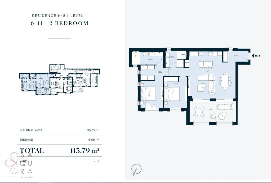 Grundriss einer 2-Zimmer-Wohnung mit 95,70 m² Innenfläche und 18,09 m² Terrasse.