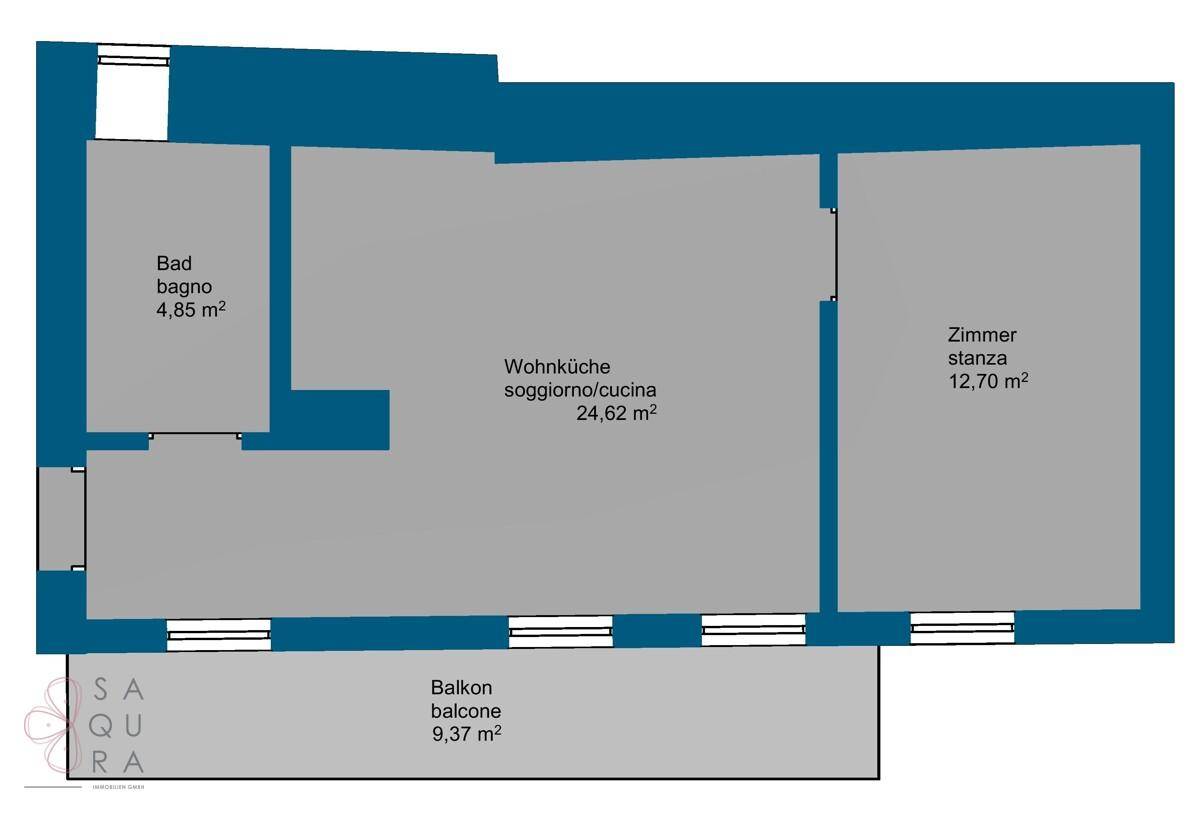 Grundriss der Wohnung mit Bad, Wohnküche, Zimmer und Balkonflächen.