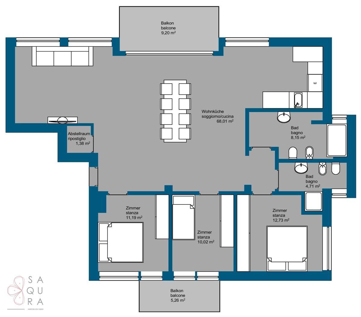Detaillierter Grundriss der Wohnung mit Wohnküche, drei Zimmern und zwei Bädern.