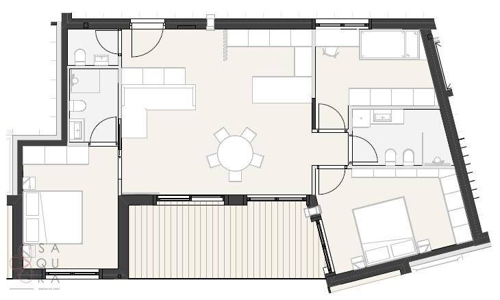 Grundriss einer Wohnung mit offenem Wohnbereich, zwei Schlafzimmern und zwei Bädern.