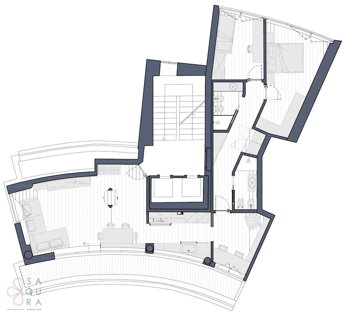Grundriss einer modernen Wohnung mit offenem Wohnbereich, zwei Schlafzimmern und zwei Bädern.