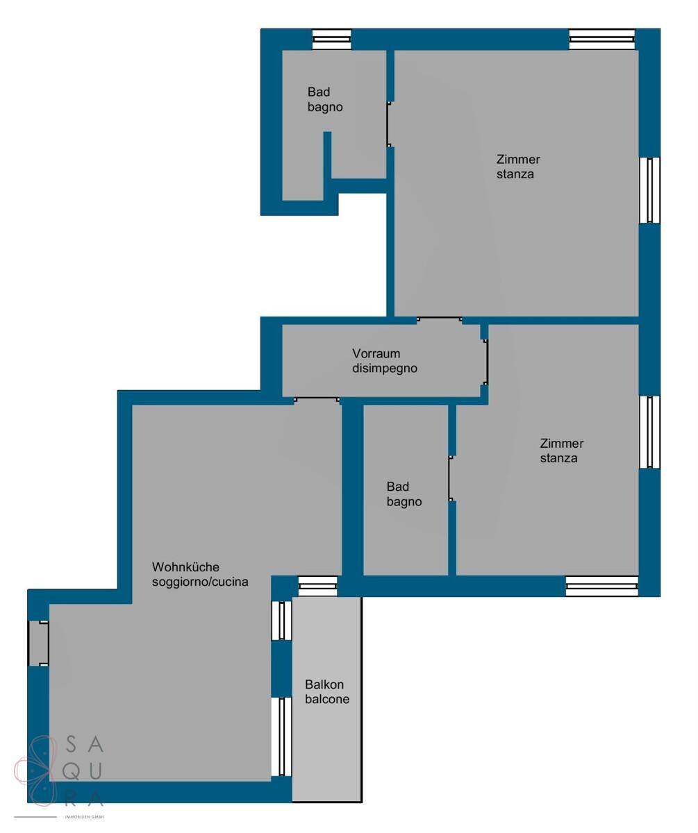 Grundriss zeigt die Aufteilung der Wohnung mit zwei Zimmern, Wohnküche und Balkon.