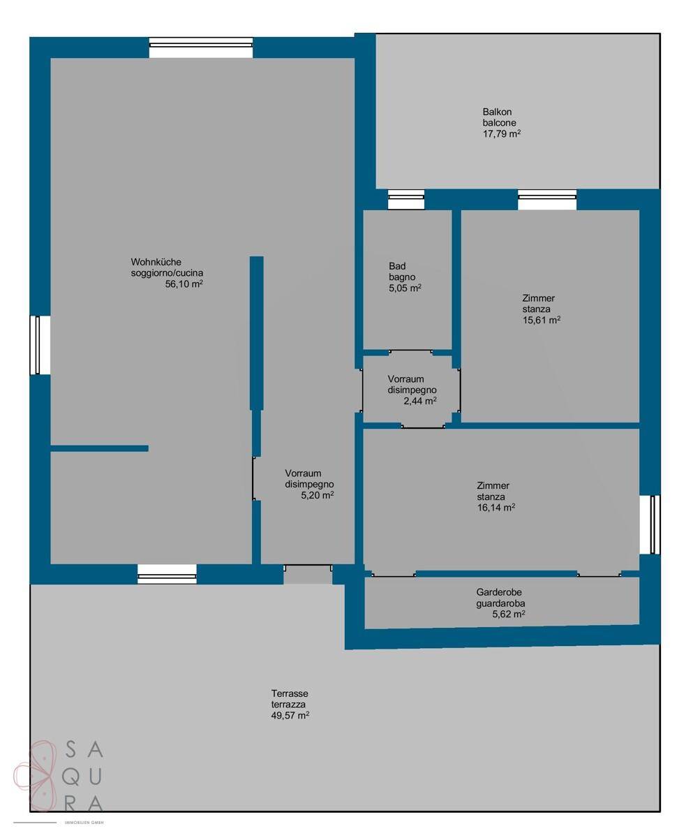 Grundriss des Obergeschosses mit Wohnküche, Zimmern, Bad und Balkon.