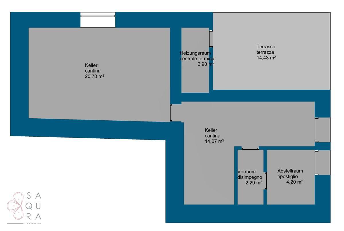 Grundriss des Untergeschosses mit Keller, Heizungsraum und Terrasse.