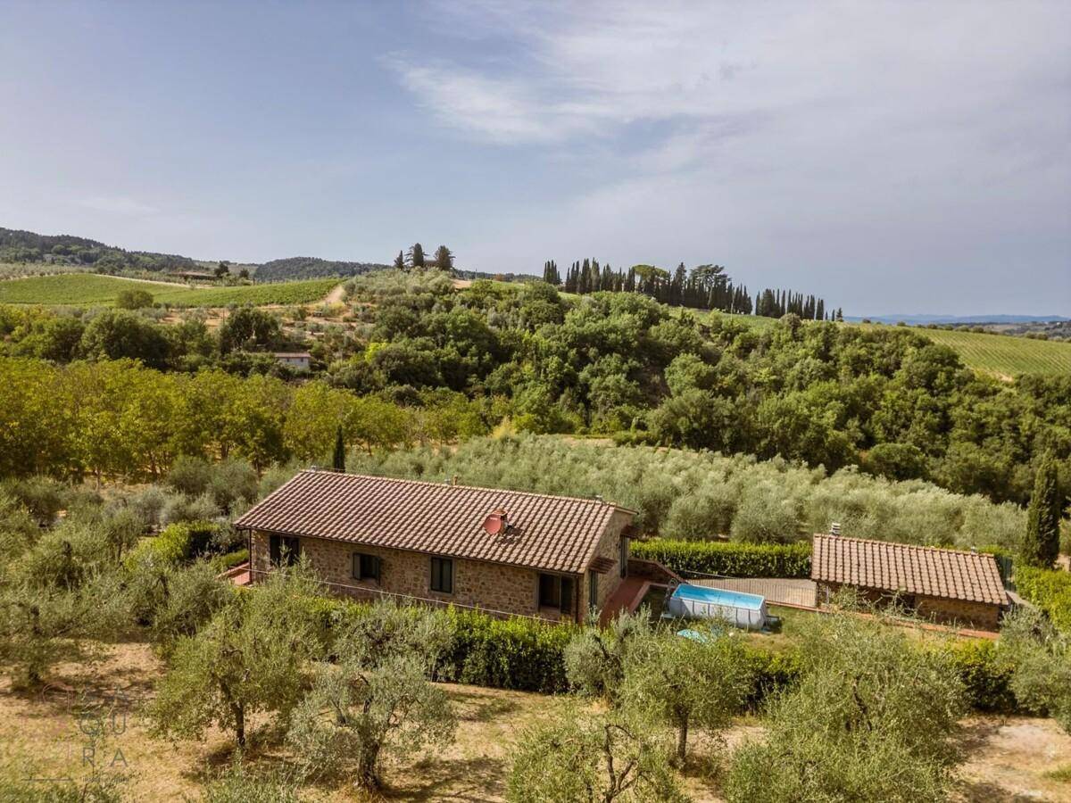 Rückansicht des Landhauses mit kleinem Pool, umgeben von Olivenhainen und Weinbergen unter blauem Himmel.