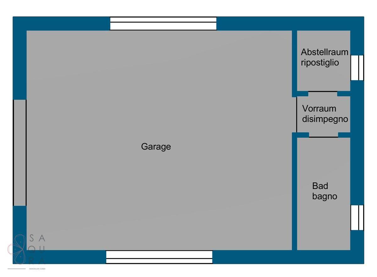 Grundriss des Erdgeschosses mit Garage, Abstellraum und einem Badezimmer.