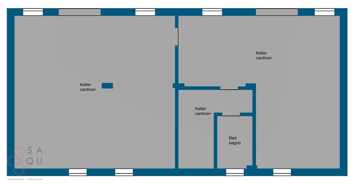 Grundriss des Untergeschosses mit mehreren Kellerräumen und einem Badezimmer.