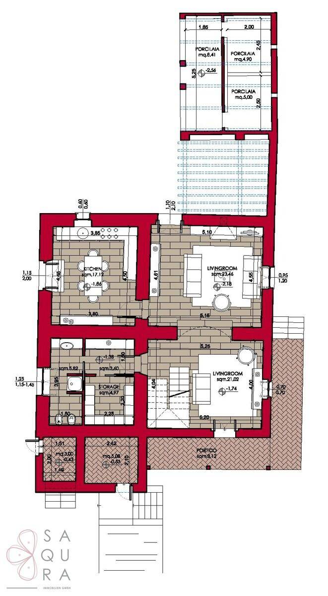 Grundriss des Erdgeschosses mit Küche, Wohnzimmer und Essbereich, inklusive Außenbereichen.