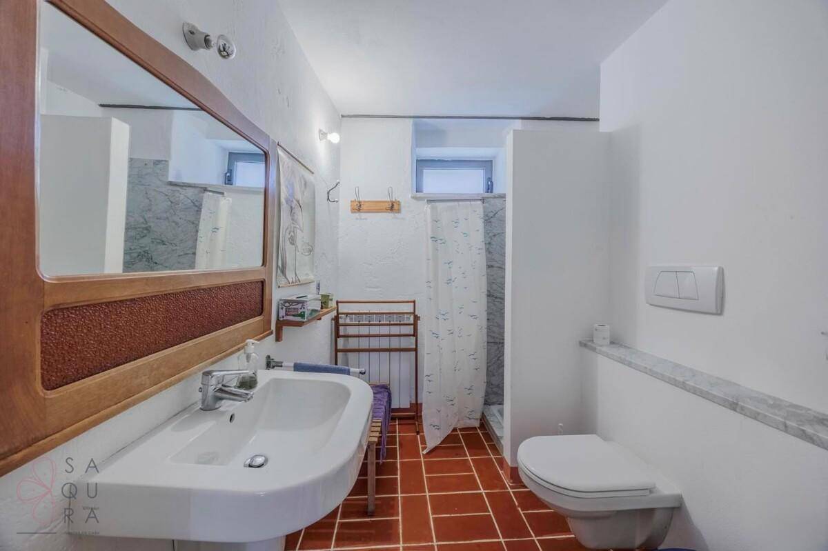 Badezimmer mit Waschbecken, Toilette und Duschbereich, ausgestattet mit Terrakottaboden.