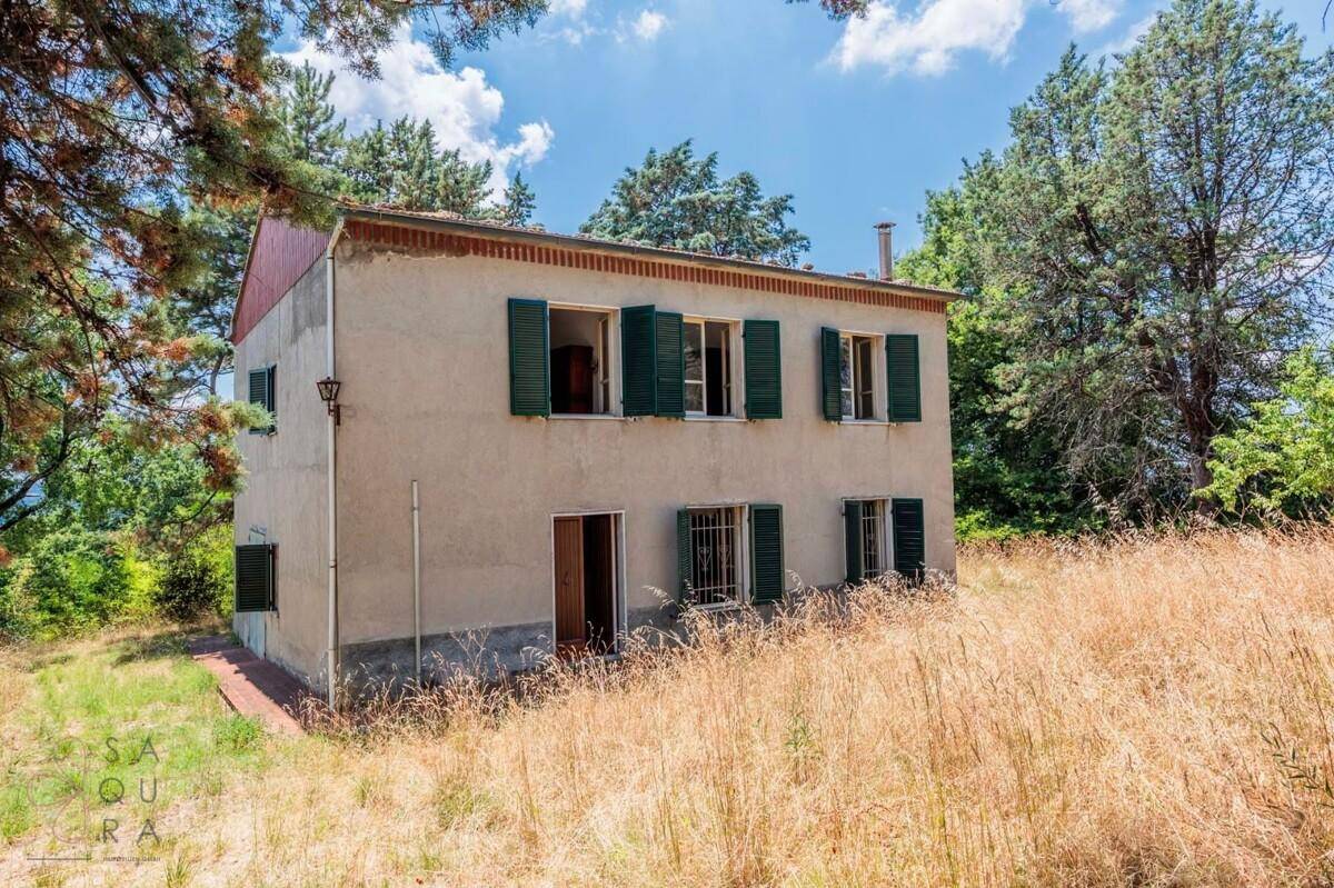 Landhaus mit schlichtem Putz und grünen Fensterläden, umgeben von trockener Vegetation und Bäumen.
