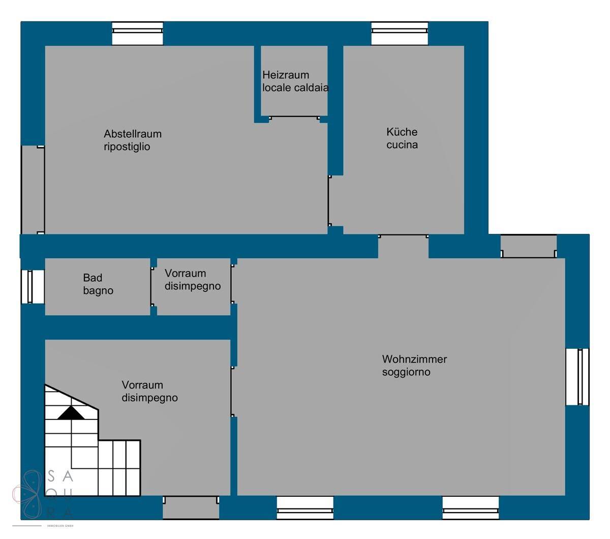Grundriss des Erdgeschosses mit Wohnzimmer, Küche, Bad, Abstellraum und Heizraum.