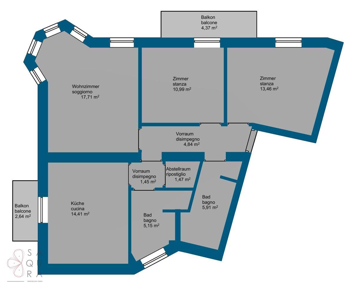 Detaillierter Grundriss der Wohnung mit Wohnzimmer, Küche, Schlafzimmern und Bädern.
