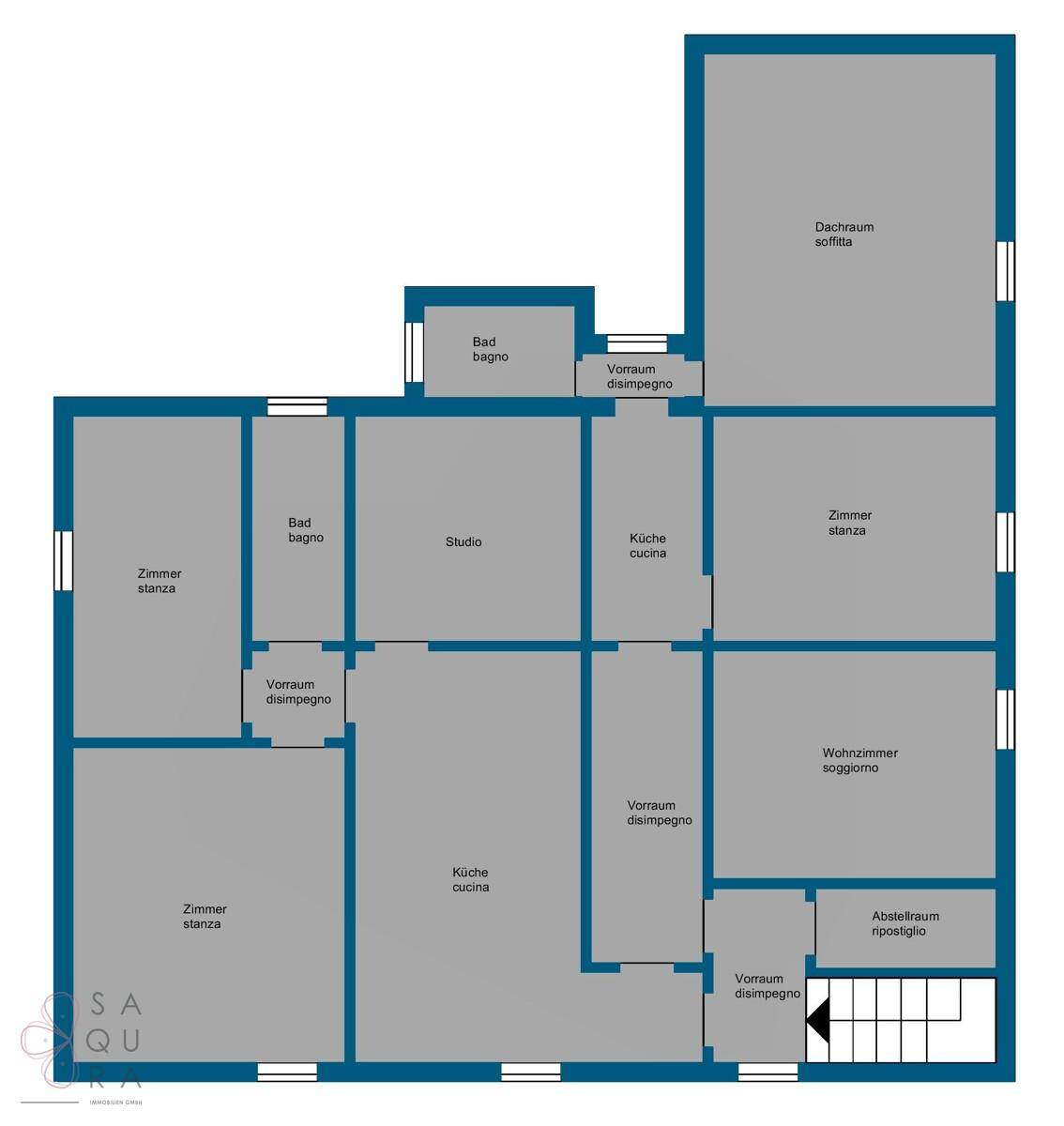 Grundrissplan des Obergeschosses mit mehreren Zimmern, zwei Bädern und einem Dachraum.