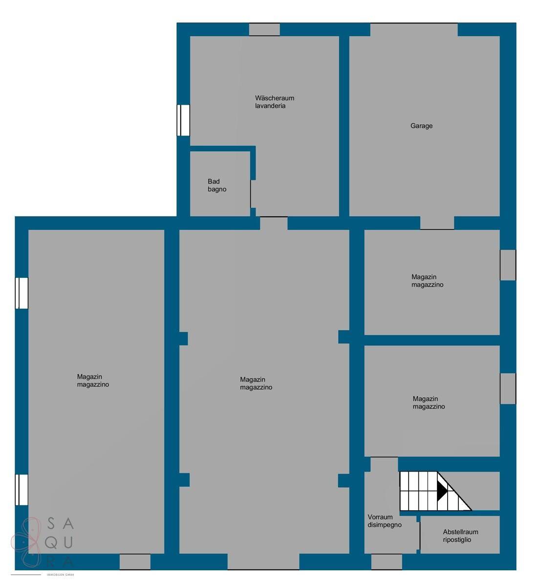 Grundrissplan des Erdgeschosses mit Garage, Waschküche, Lagerbereichen und einem Badezimmer.