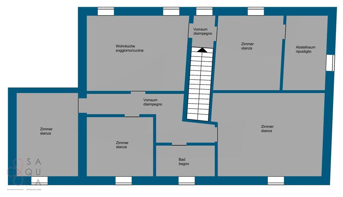 Grundriss des Obergeschosses mit Wohnküche, Bad und mehreren Zimmern.