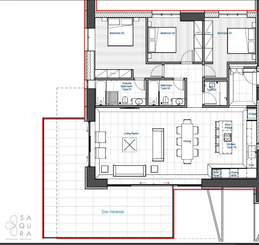 Detaillierter Grundriss einer Wohnung mit drei Schlafzimmern, zwei Bädern und überdachter Veranda.