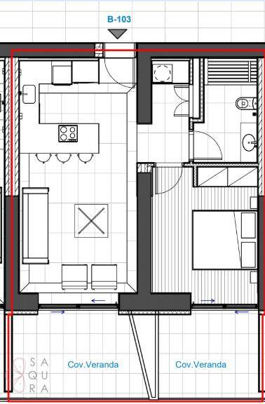 Grundriss einer Wohnung mit offener Küche, Wohnbereich, Schlafzimmer und überdachten Veranden.