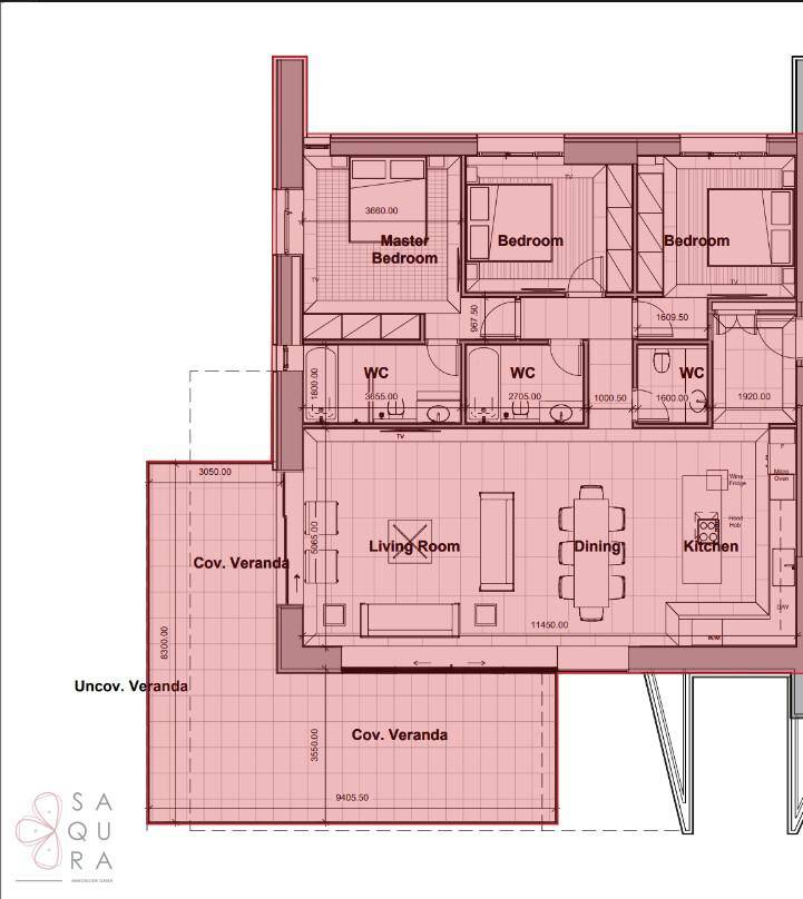 Grundriss einer Wohnung mit drei Schlafzimmern, offenem Wohnbereich und mehreren Veranden.