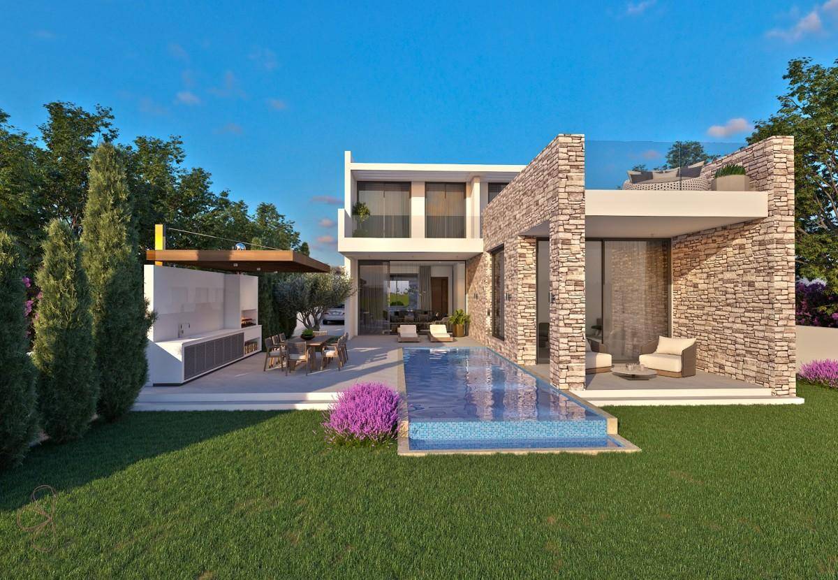 Moderne Villa mit privatem Pool, Steinfassade, gepflegtem Rasen und schattiger Außenküche.