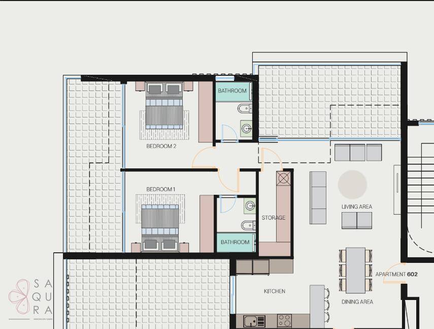Grundriss der Wohnung 602 mit zwei Schlafzimmern, zwei Bädern, offenem Wohnbereich und großen Terrassen.