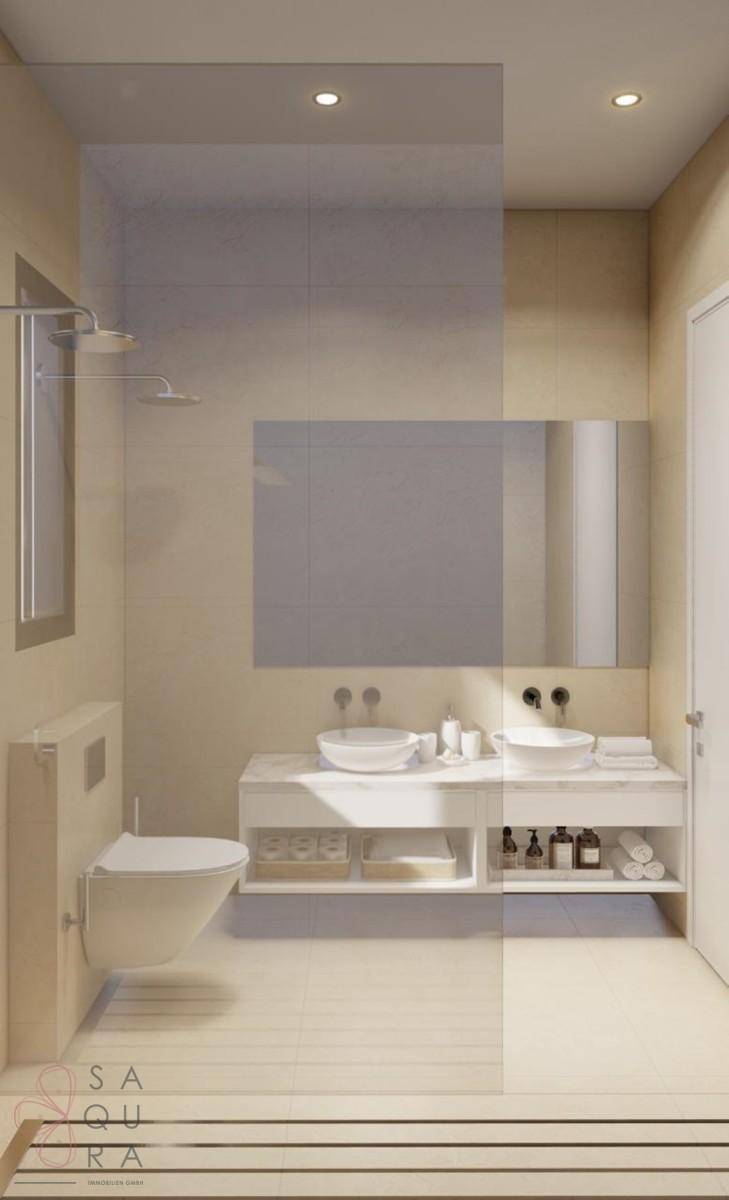 Modernes Badezimmer mit Doppelwaschbecken, begehbarer Dusche und Wand-WC.