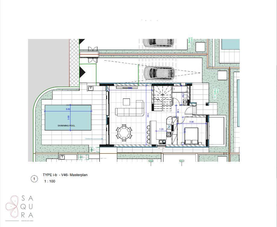 Masterplan-Grundriss mit Wohnbereich, Küche, Schlafzimmer und Pool.