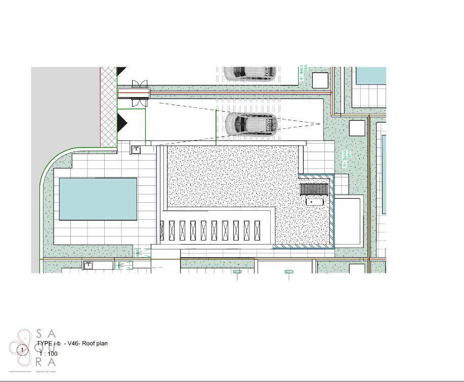 Dachgeschoss-Grundriss mit Dachterrasse und Poolbereich.