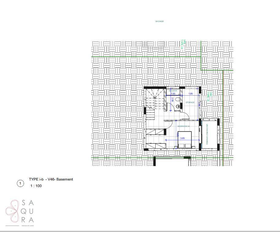 Grundriss des Untergeschosses mit Schlafzimmer, Badezimmer, Abstellraum und Treppe.