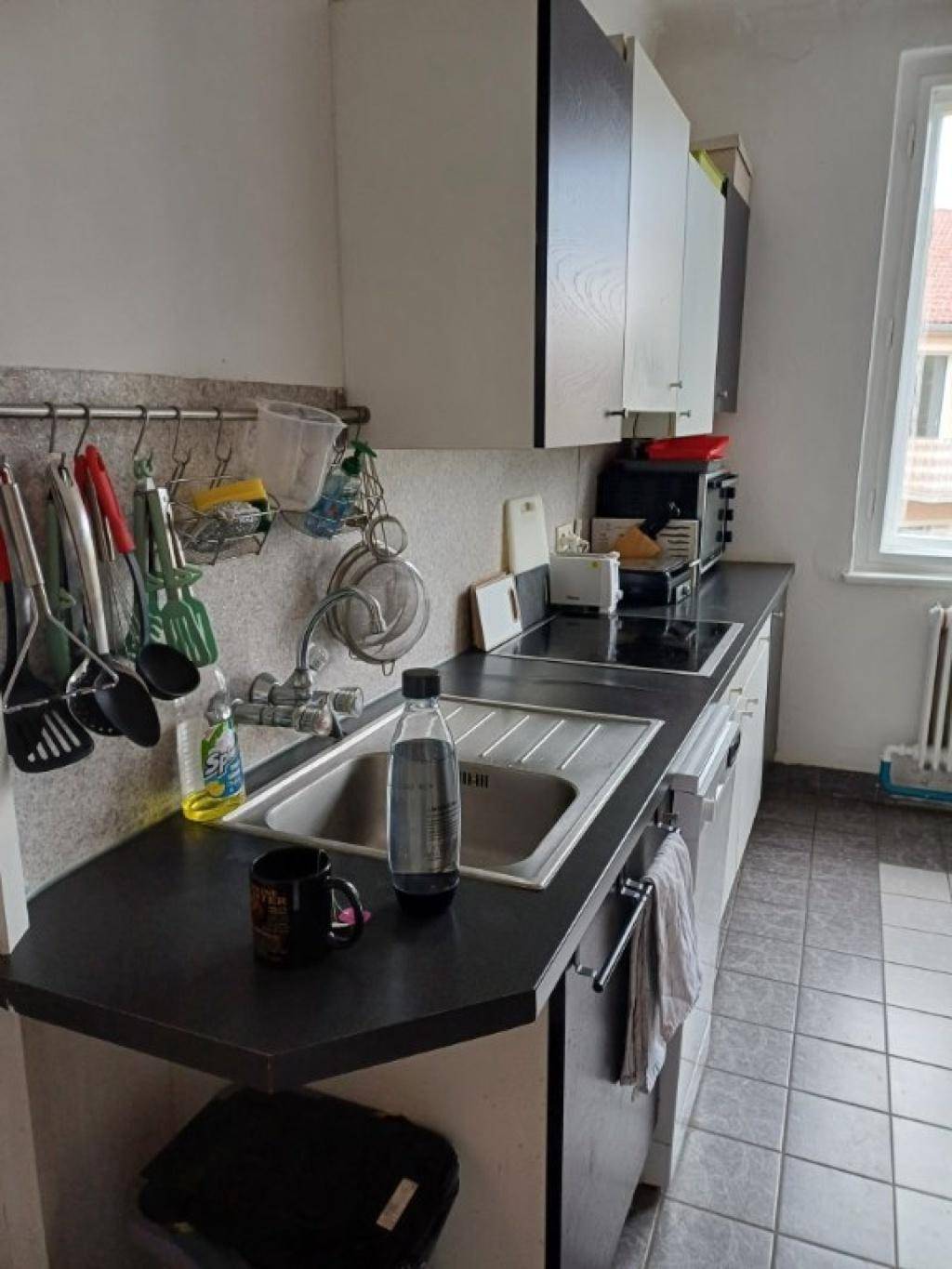 Küchenzeile mit Spüle, Kochfeld und Hängeschränken, bereit zur Nutzung.