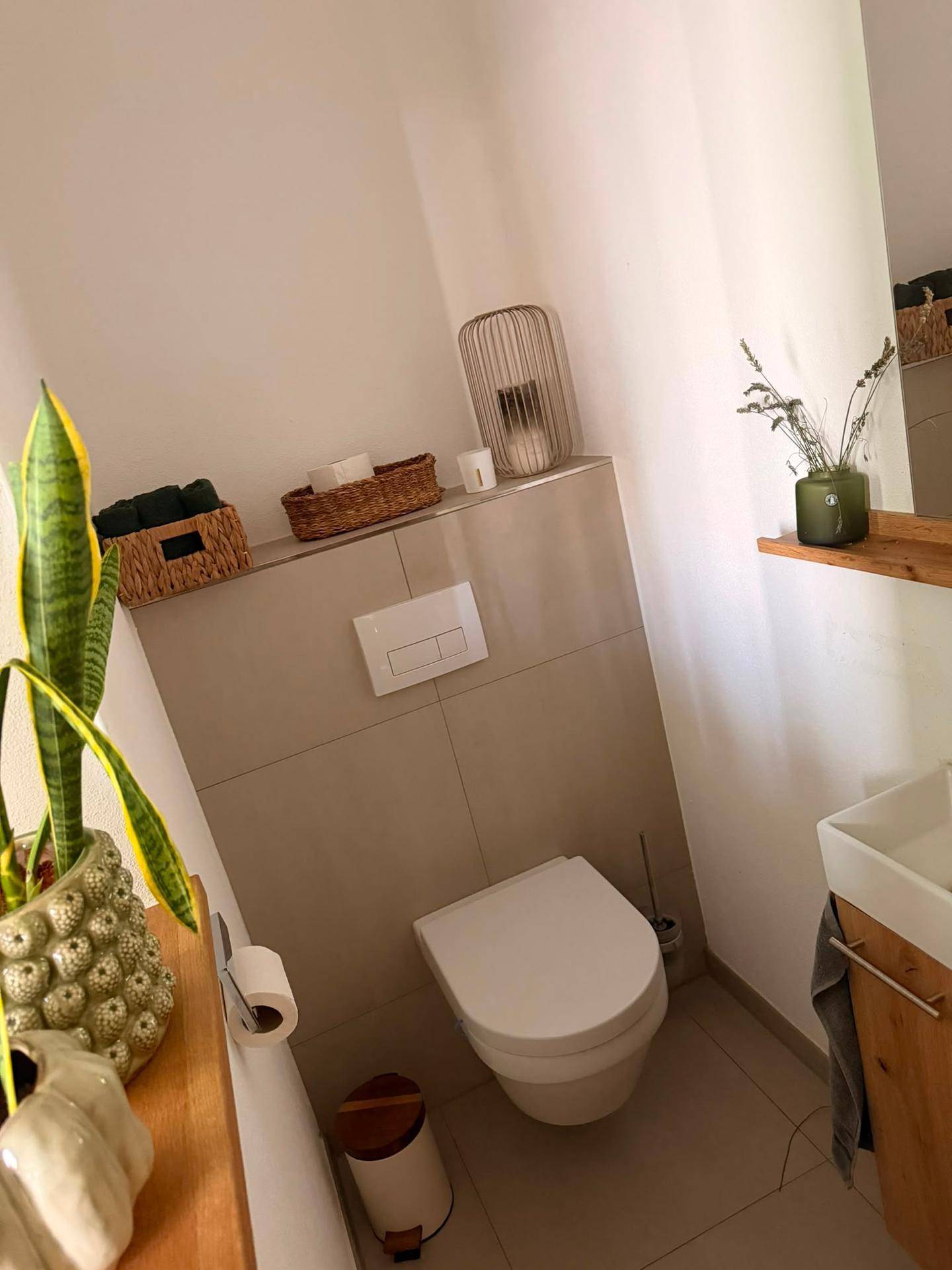 Kleines Gäste-WC mit modernem Design, wandhängendem WC und Waschbecken.