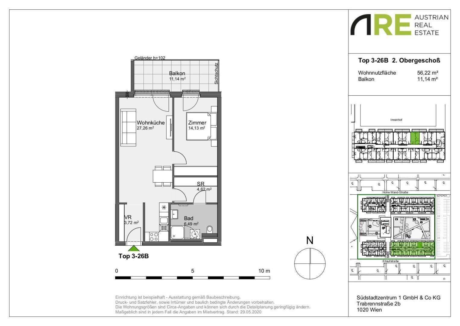 Grundriss der Wohnung Top 3-26B im zweiten Obergeschoss mit Wohnküche und Balkon.