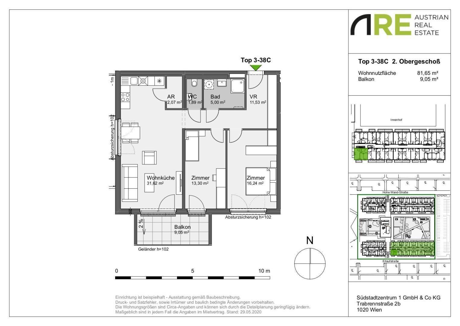 Grundriss einer Wohnung mit Wohnküche, zwei Zimmern, Bad, WC und Balkon.
