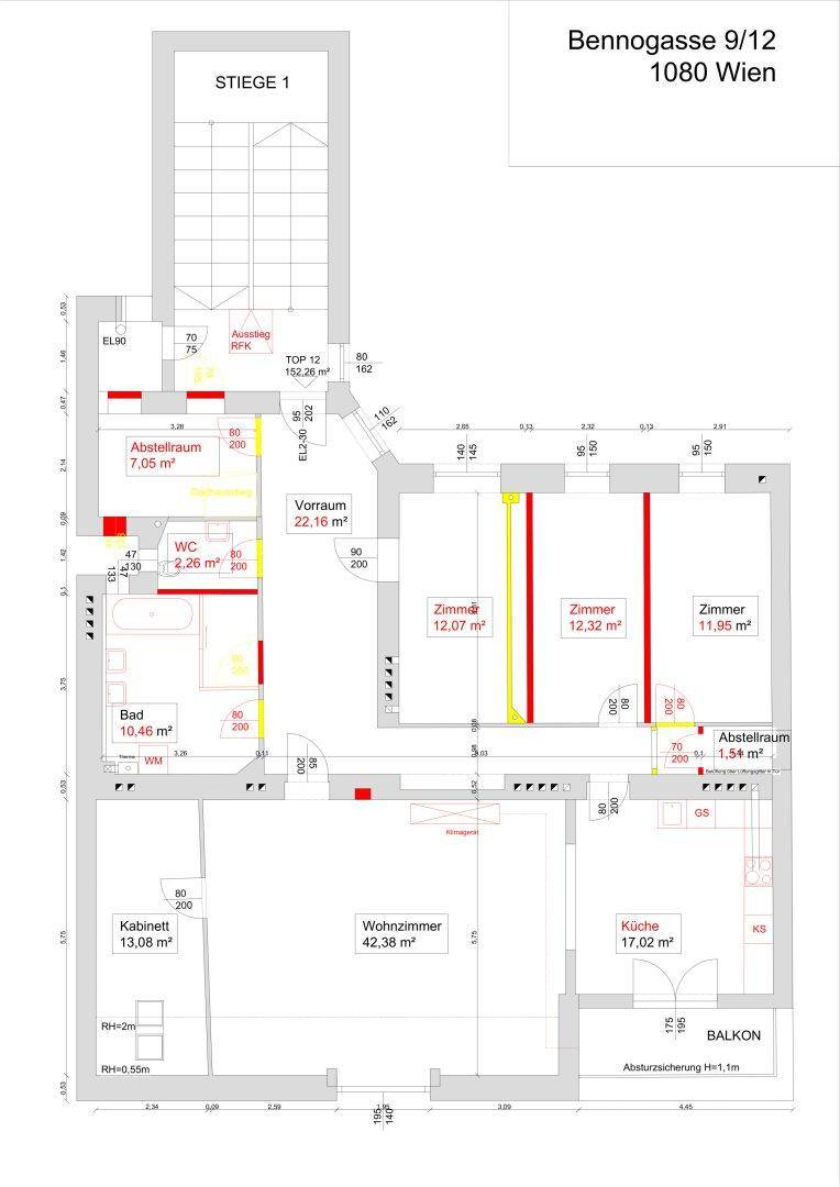 Detaillierter Grundriss einer Wohnung mit mehreren Zimmern, Bad, WC und Balkon.