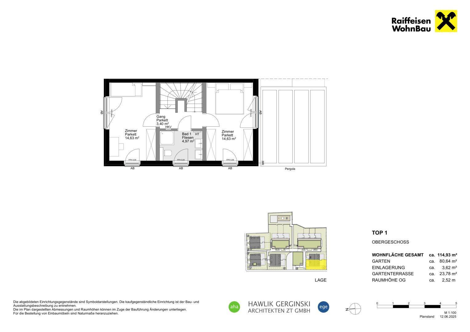 Grundriss des Obergeschosses von Top 1 mit Schlafzimmern und Badezimmer.