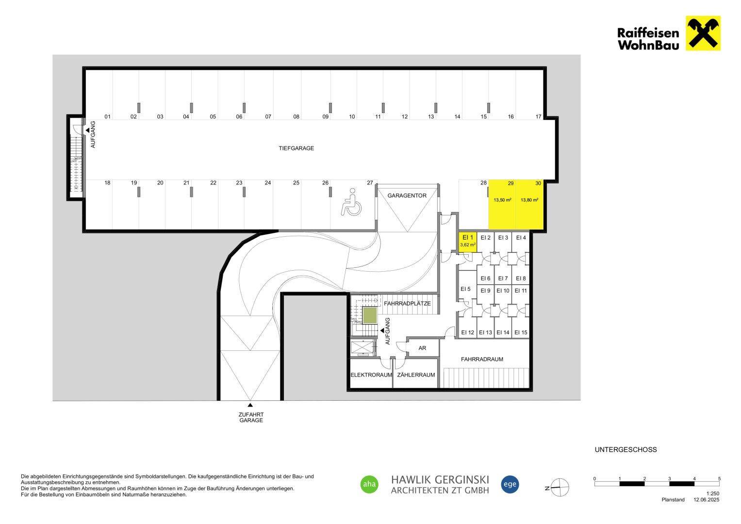 Grundriss der Tiefgarage mit Stellplätzen, Fahrradraum und Technikräumen.