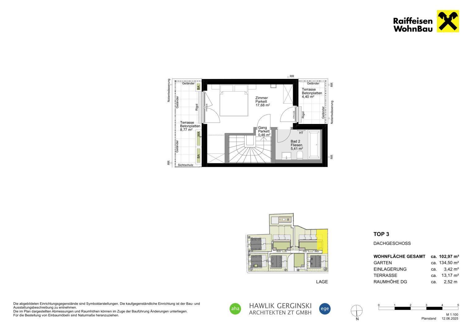 Grundriss des Dachgeschosses mit Schlafzimmer, Bad und Terrasse.