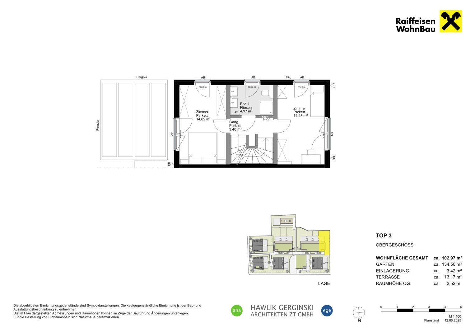 Grundriss des Obergeschosses mit Schlafzimmern und Badezimmer.