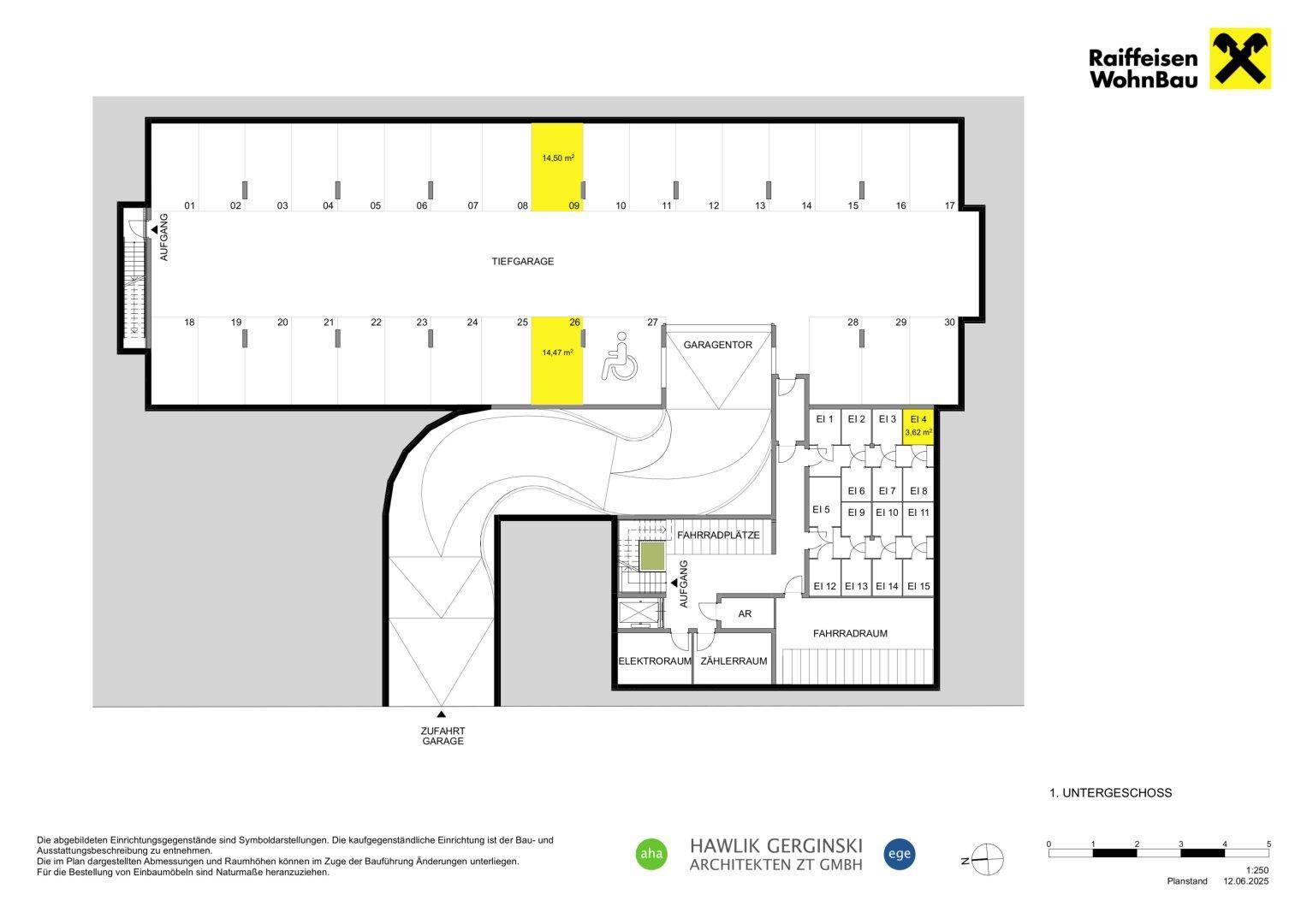Grundriss der Tiefgarage mit Stellplätzen und Fahrradraum.