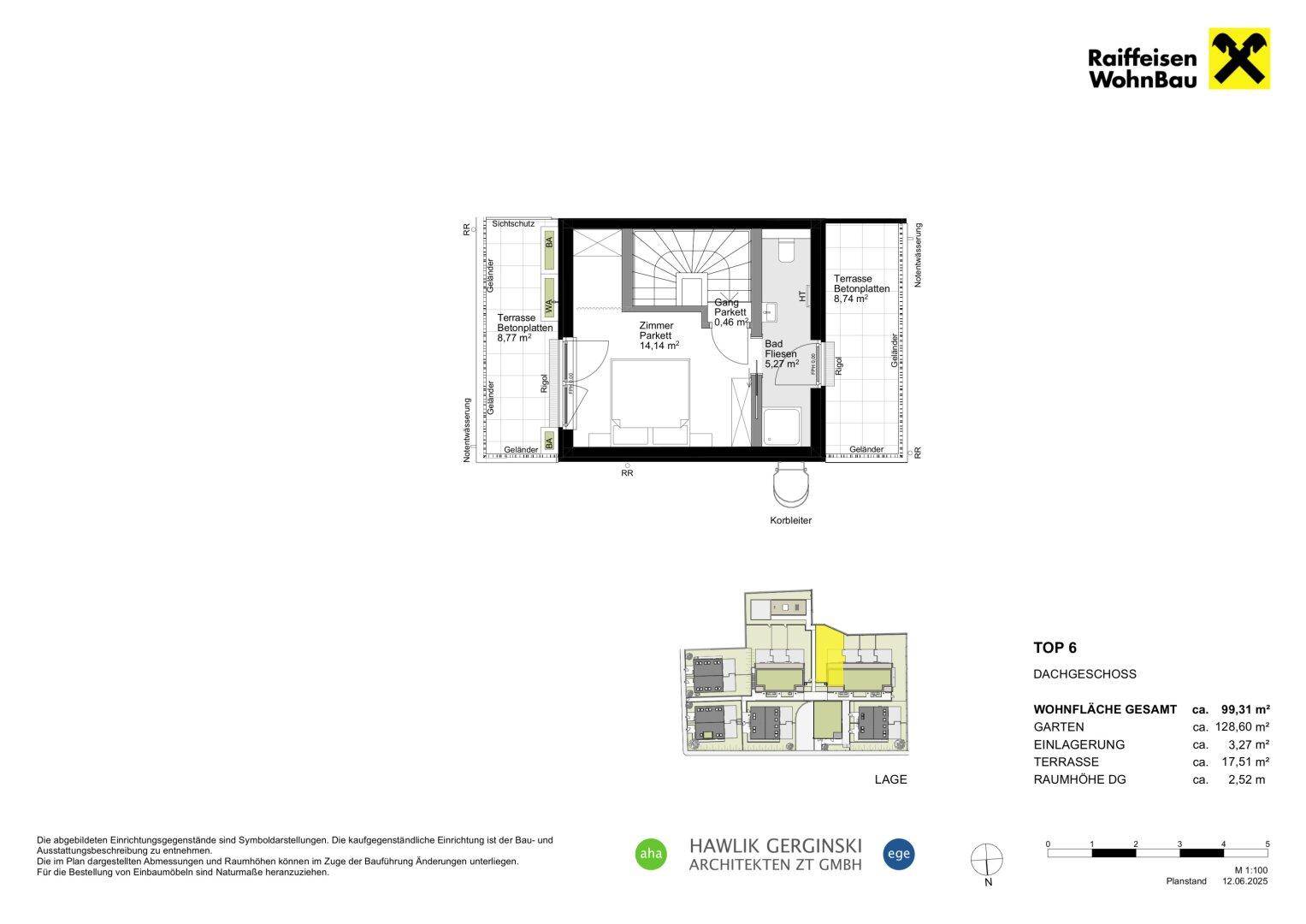 Grundriss des Dachgeschosses einer Wohneinheit mit Zimmer, Bad und Dachterrasse.