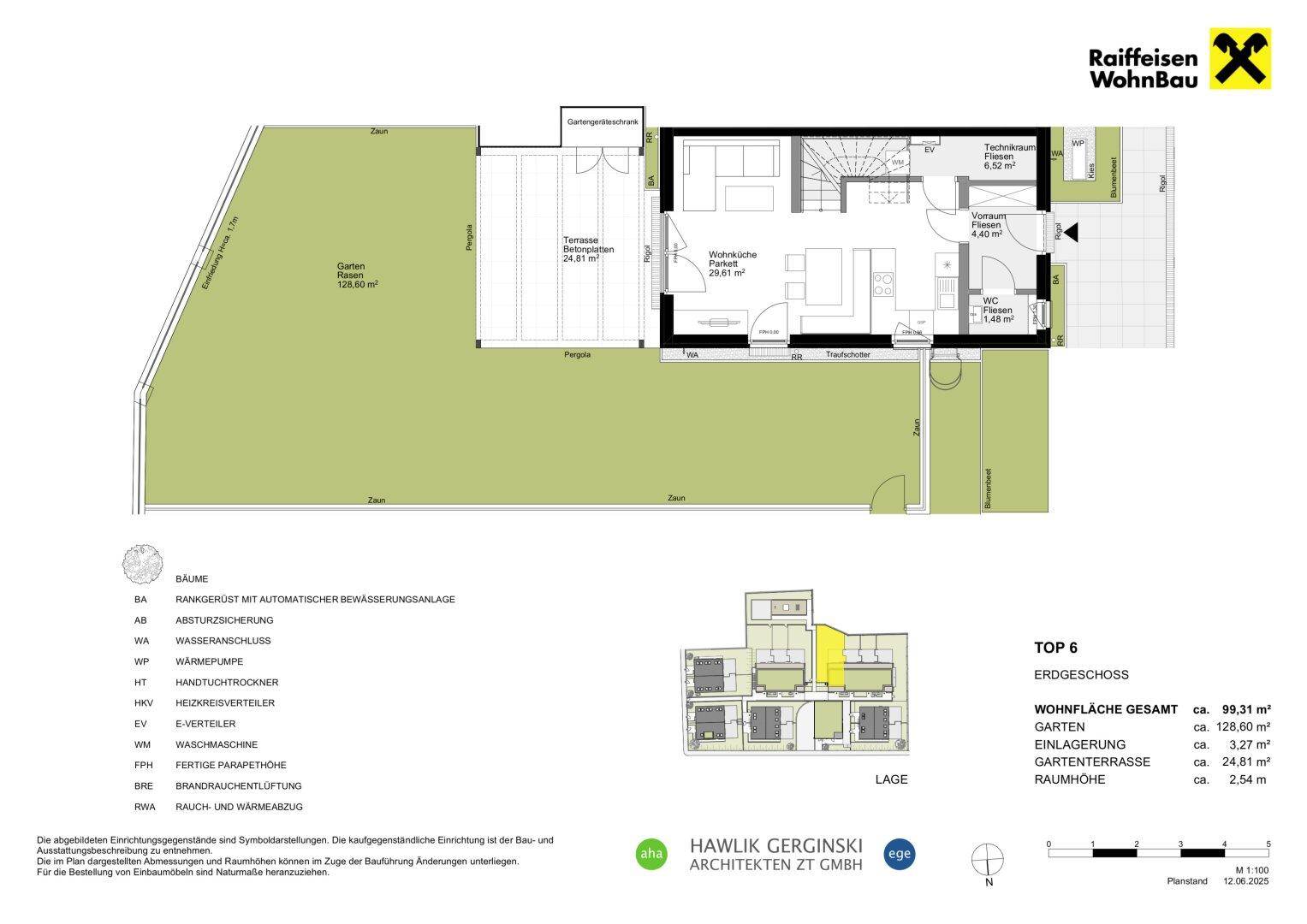 Grundriss des Erdgeschosses einer Wohneinheit mit offenem Wohnbereich, Garten und Terrasse.