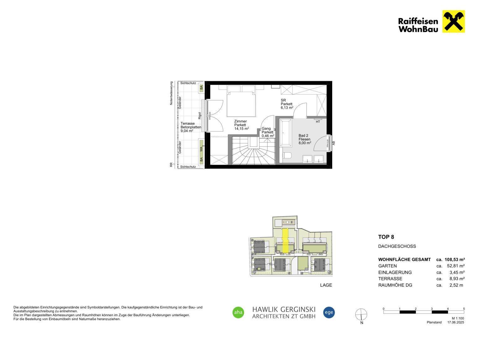 Grundriss des Dachgeschosses von Top 8 mit Schlafzimmer, Bad und Terrasse.