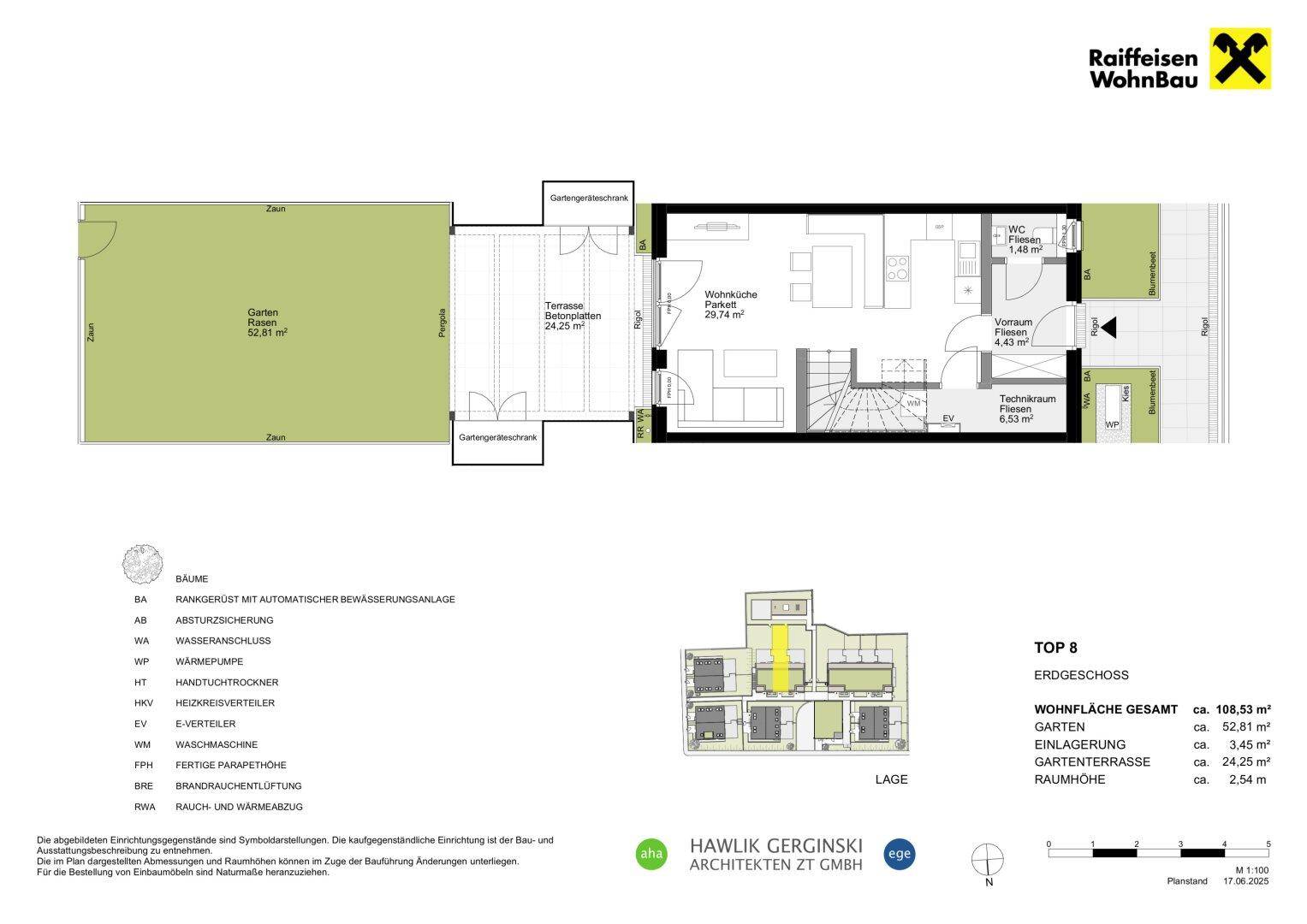 Grundriss des Erdgeschosses von Top 8 mit Wohnbereich, Küche, Garten und Terrasse.