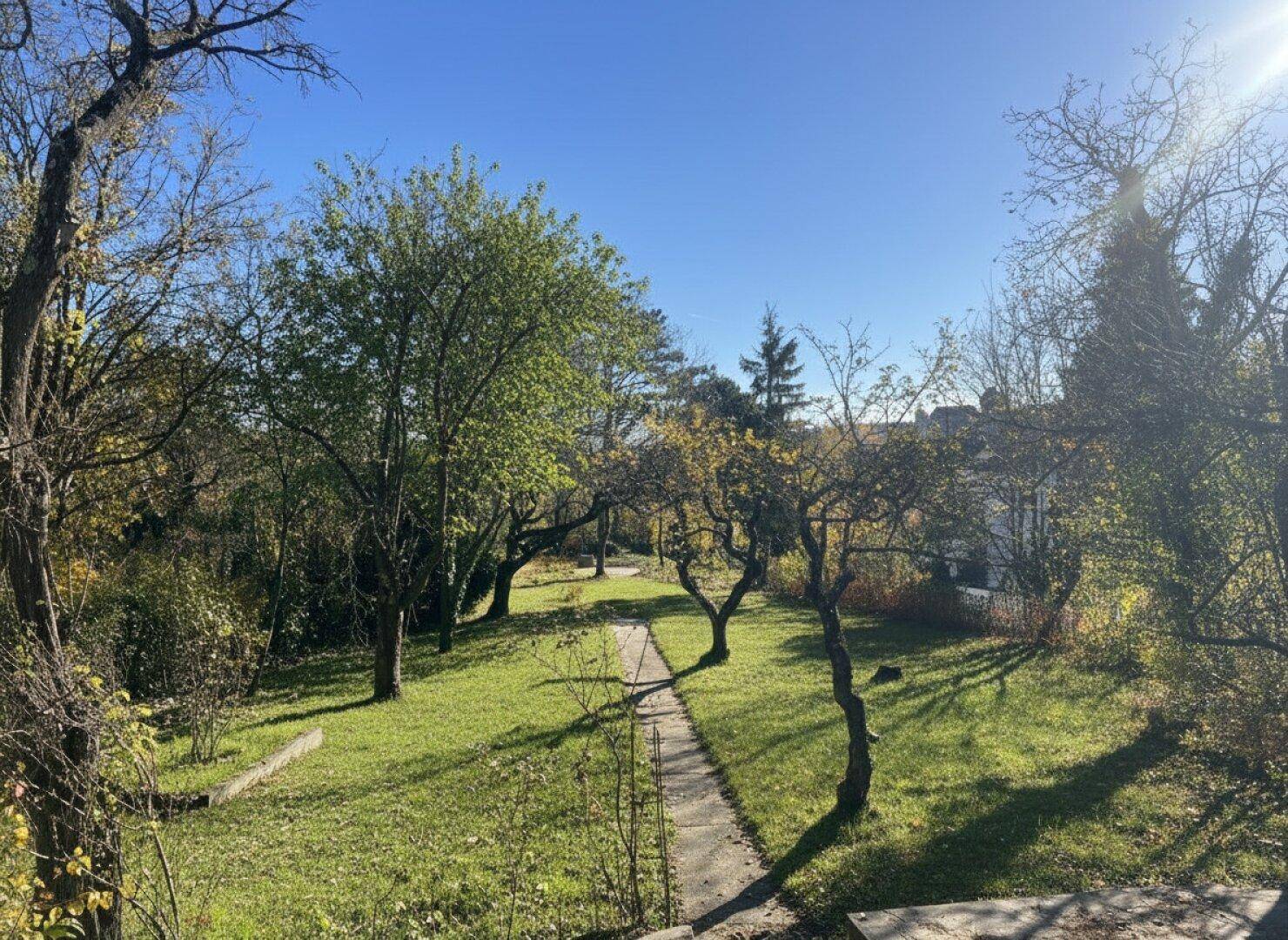 Weitläufiger Garten mit Rasenflächen, Bäumen und einem geschwungenen Weg unter blauem Himmel.