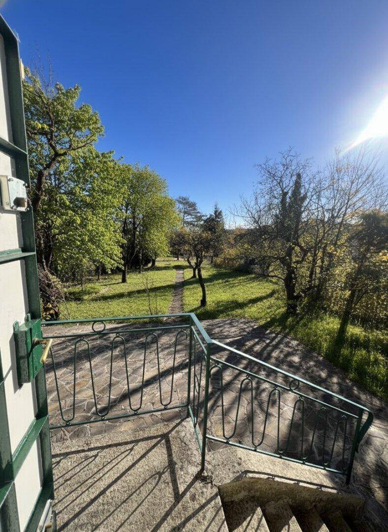 Steintreppe führt hinunter in einen sonnigen Gartenbereich mit Bäumen und Rasen.
