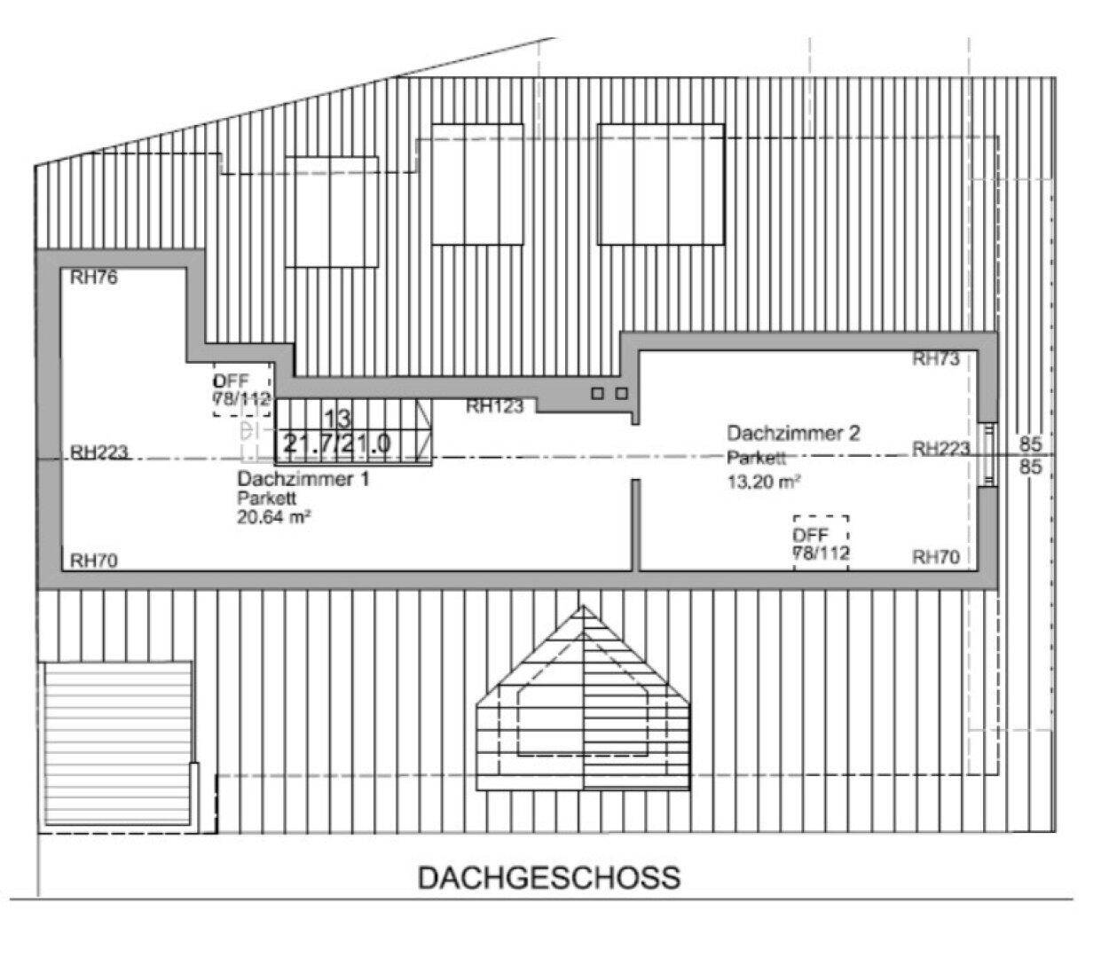 Grundriss des Dachgeschosses mit zwei Zimmern und Dachfenstern.