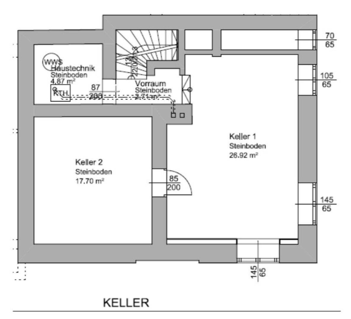 Grundriss des Kellers mit zwei Kellerräumen und Haustechnikbereich.