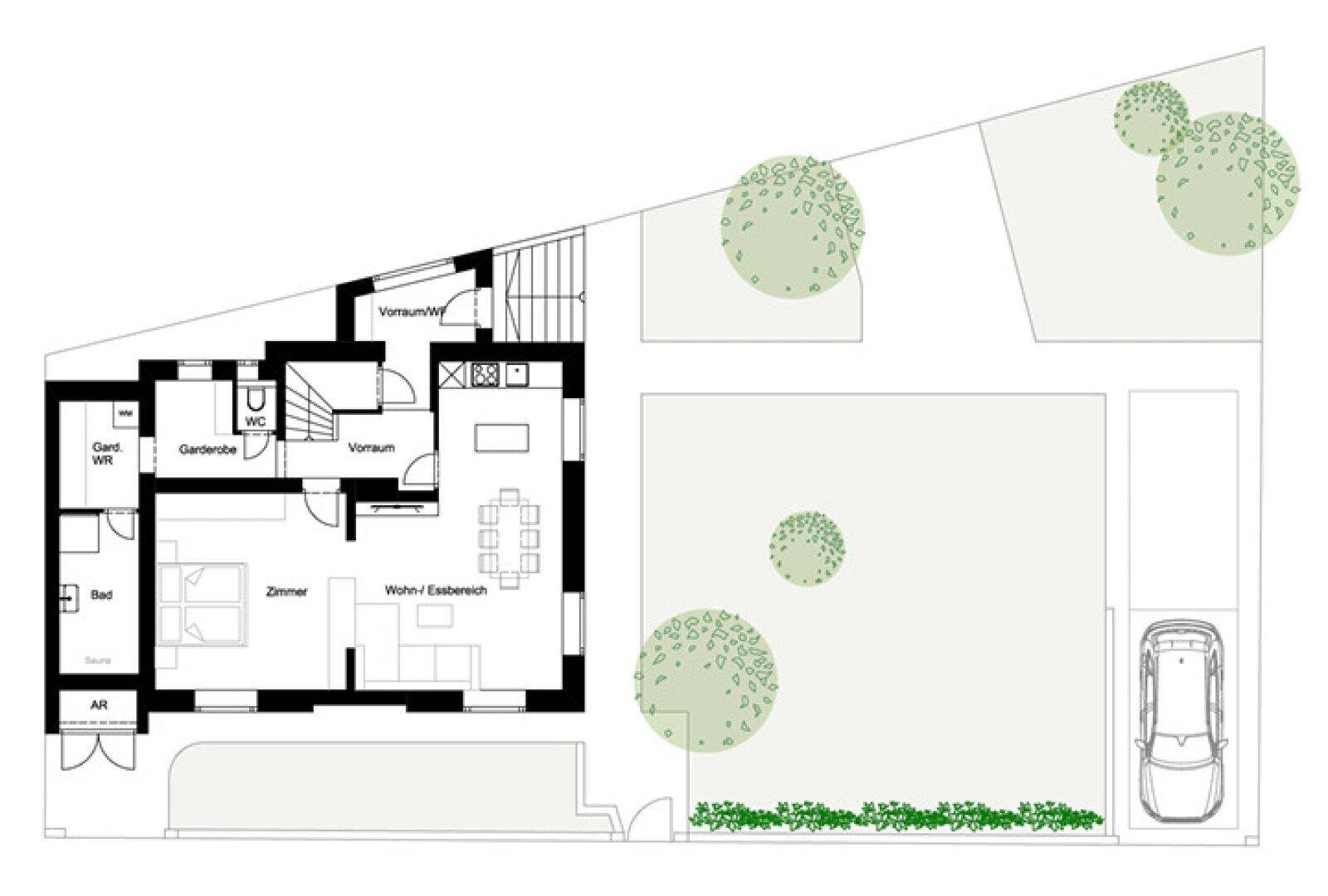 Vereinfachter Grundriss des Erdgeschosses mit Wohn-Essbereich und Garten.