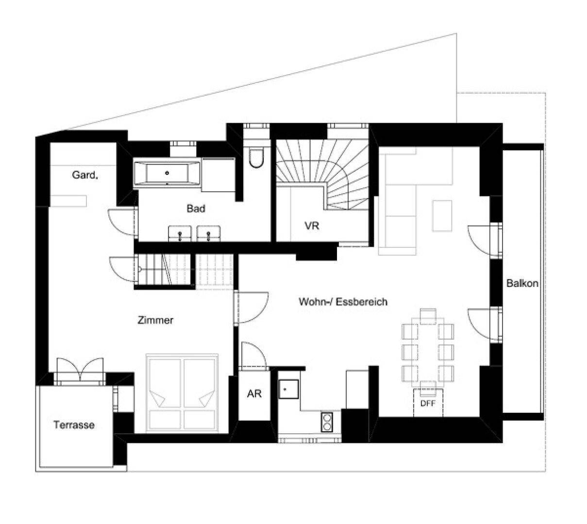 Vereinfachter Grundriss des Obergeschosses mit Wohn-Essbereich, Balkon und Terrasse.