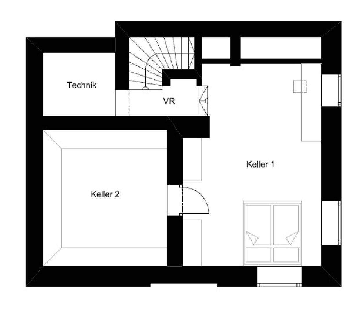 Vereinfachter Grundriss des Kellers mit zwei Kellerräumen und Technikbereich.