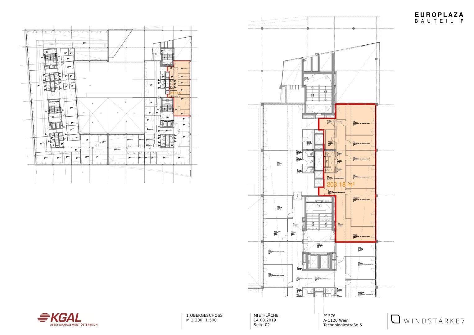 Übersichts- und Detailgrundriss eines Bürogebäudes mit hervorgehobener Mietfläche von 203,18 m² im ersten Obergeschoss.